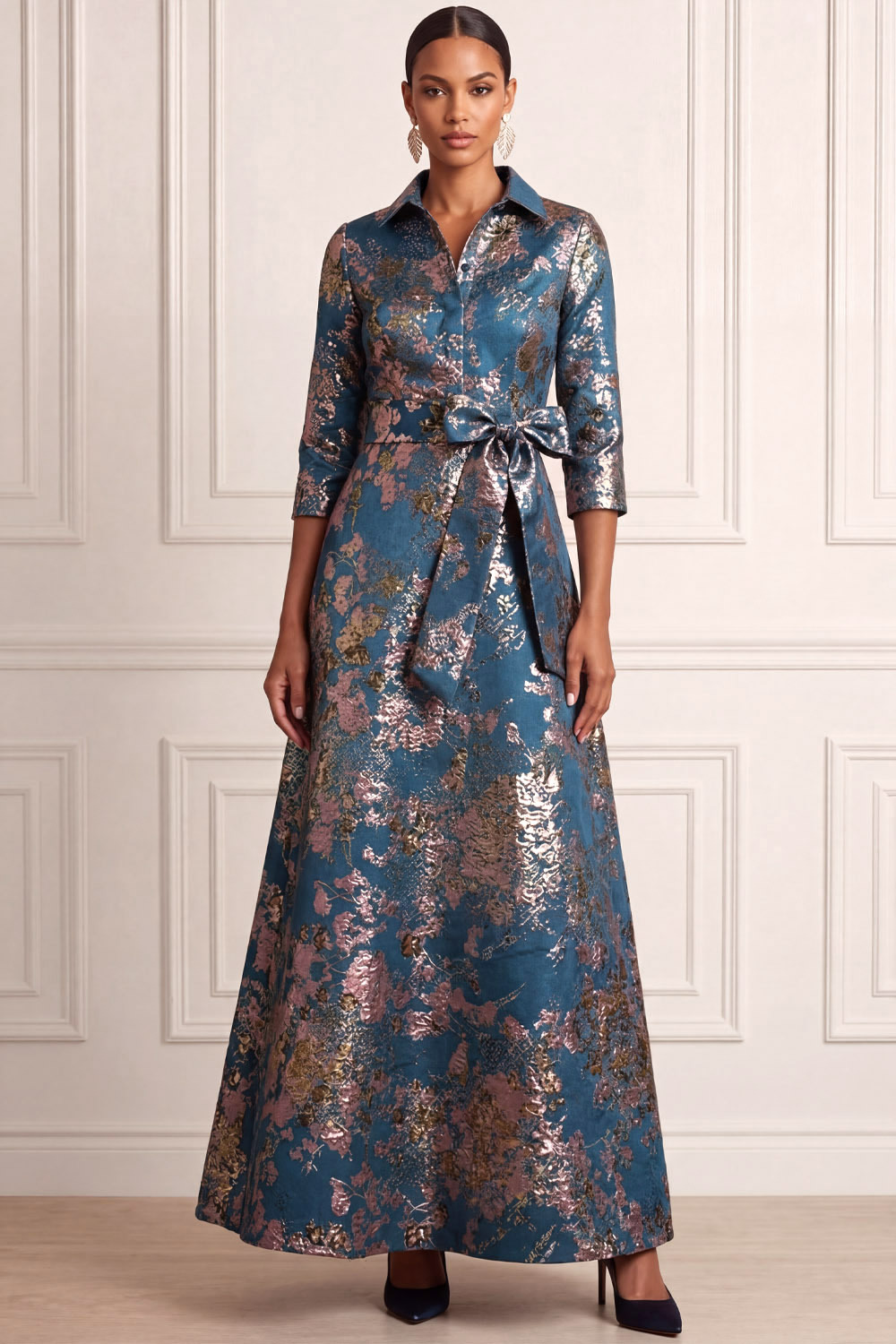 Blue Wedding Guest Dress Point Collar Floral Maxi Dress with Bow