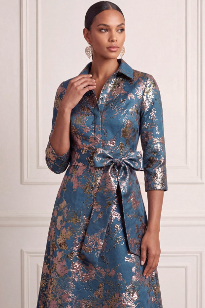 Blue Wedding Guest Dress Point Collar Floral Maxi Dress with Bow