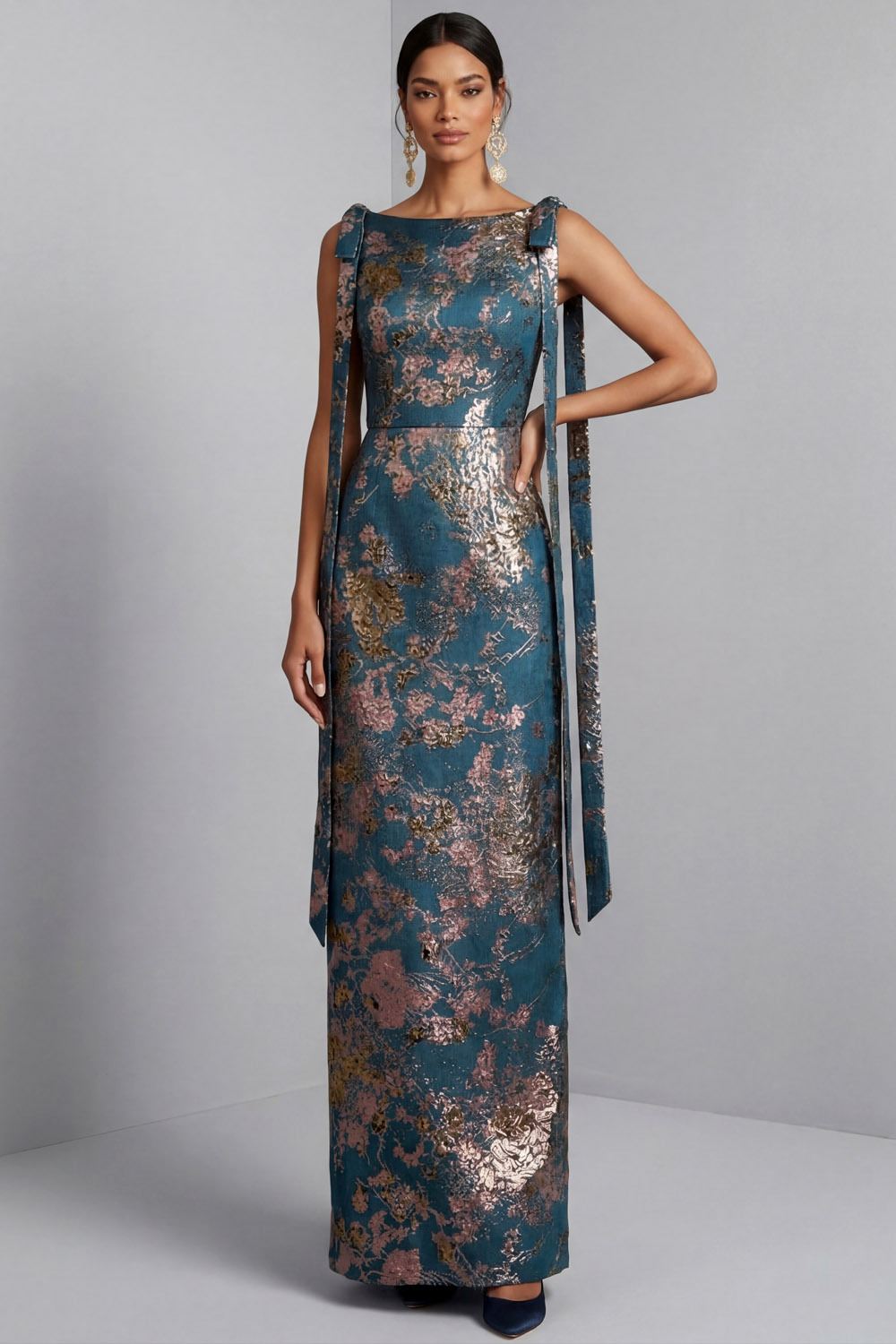 Blue Wedding Guest Dress Crew Neck Floral Maxi Dress with Bow