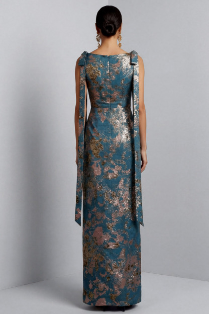 Blue Wedding Guest Dress Crew Neck Floral Maxi Dress with Bow