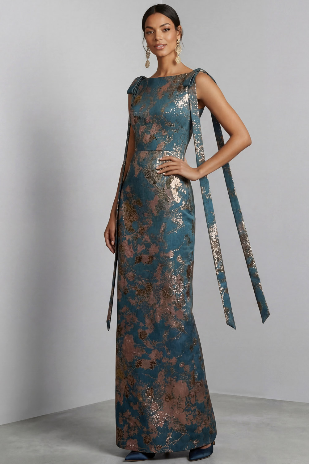 Blue Wedding Guest Dress Crew Neck Floral Maxi Dress with Bow