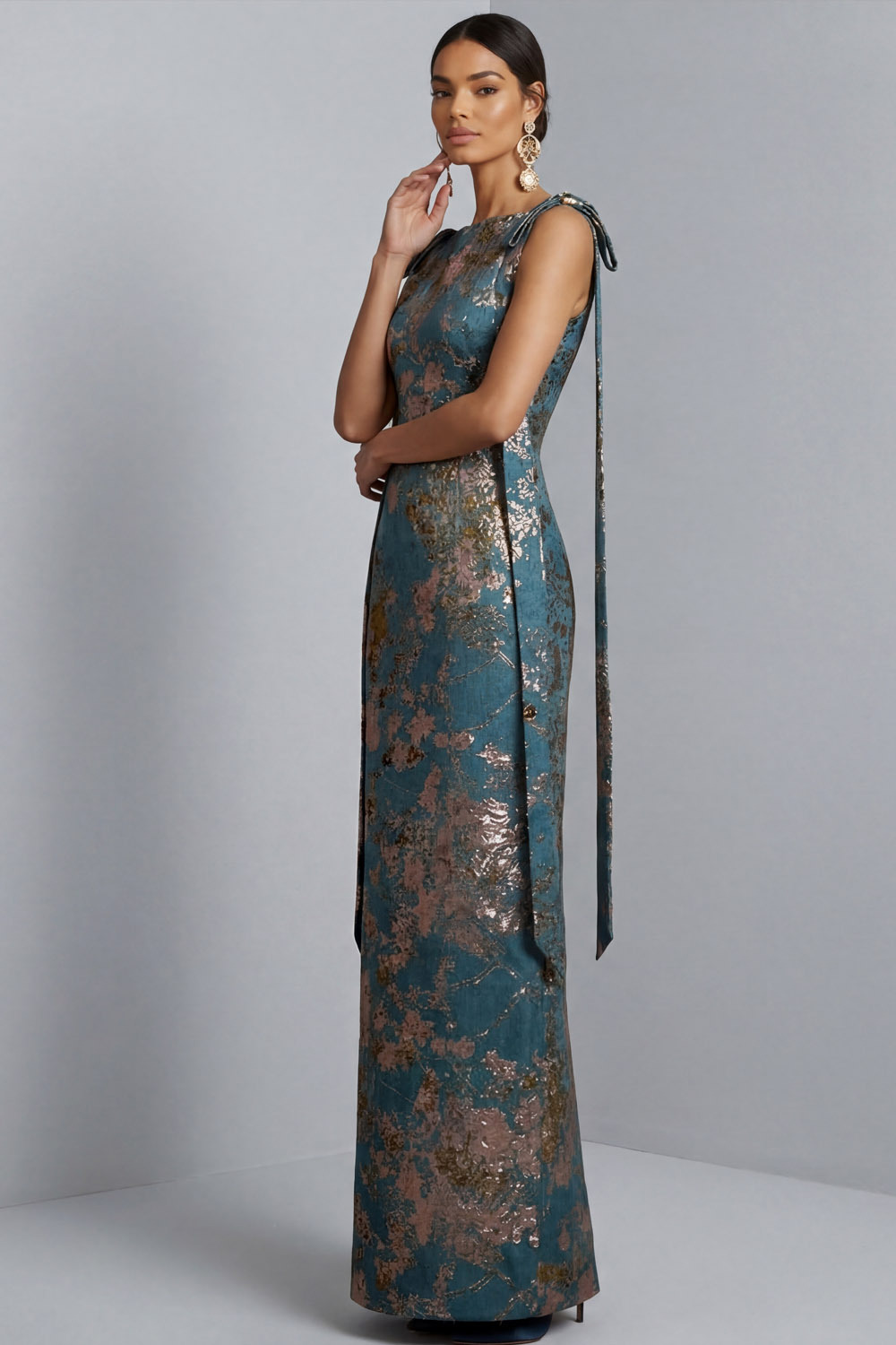 Blue Wedding Guest Dress Crew Neck Floral Maxi Dress with Bow