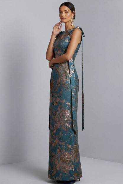 Blue Wedding Guest Dress Crew Neck Floral Maxi Dress with Bow