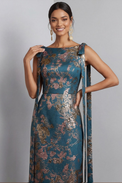 Blue Wedding Guest Dress Crew Neck Floral Maxi Dress with Bow