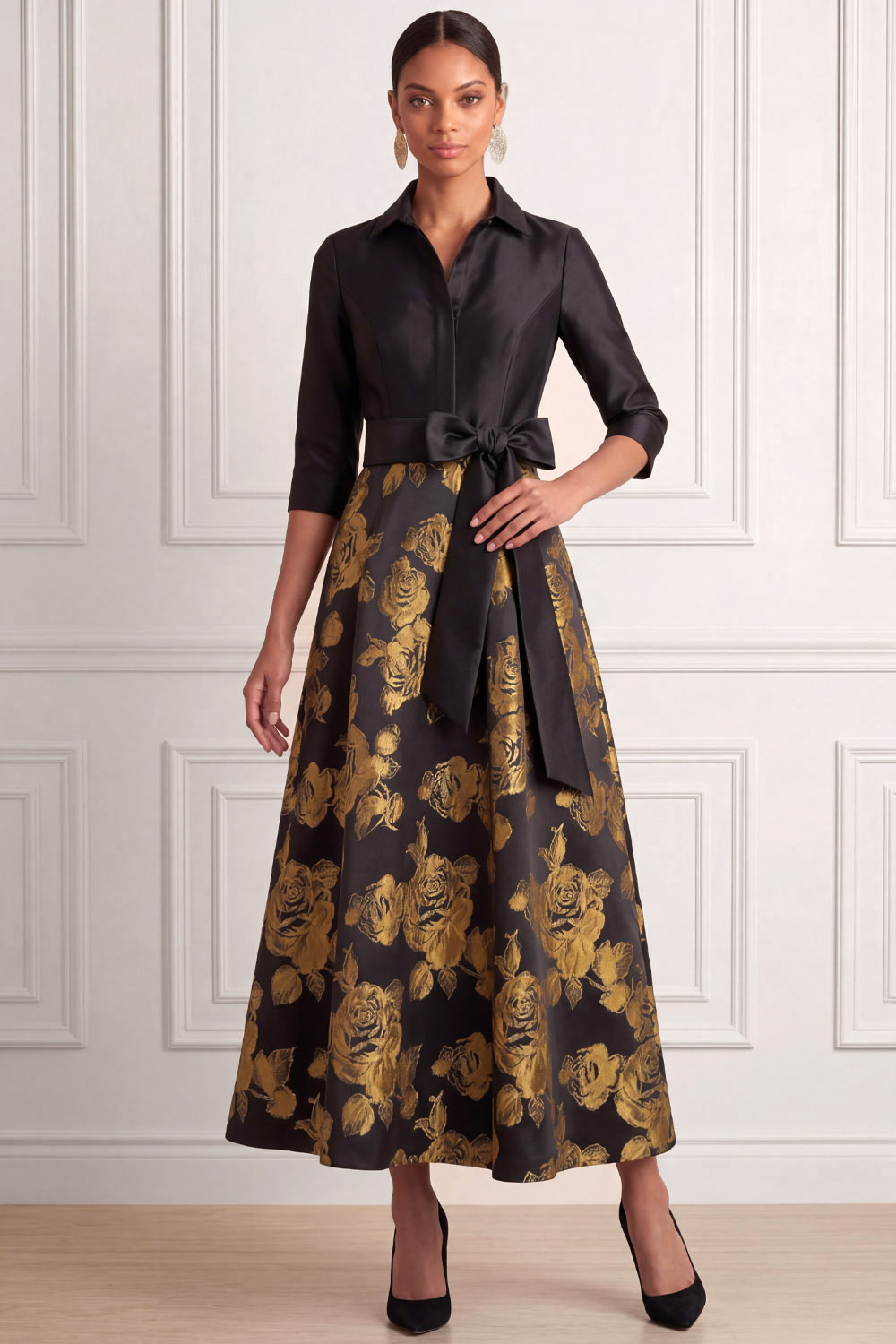 Golden Wedding Guest Dress Point Collar Floral Maxi Dress with Bow