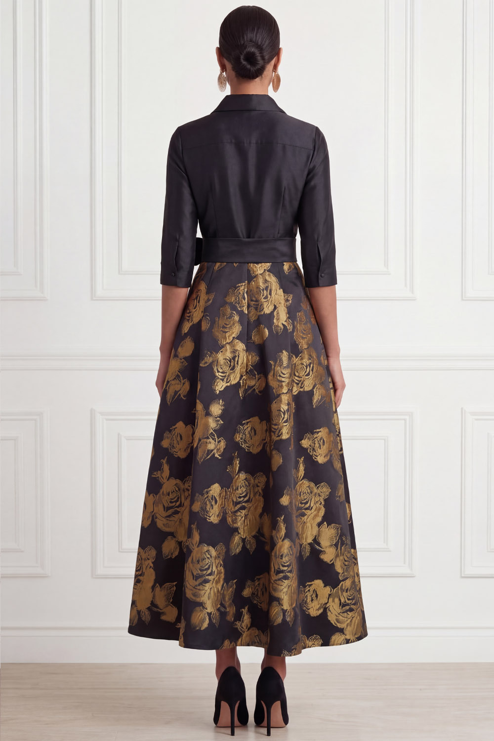 Golden Wedding Guest Dress Point Collar Floral Maxi Dress with Bow