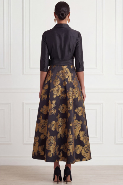 Golden Wedding Guest Dress Point Collar Floral Maxi Dress with Bow