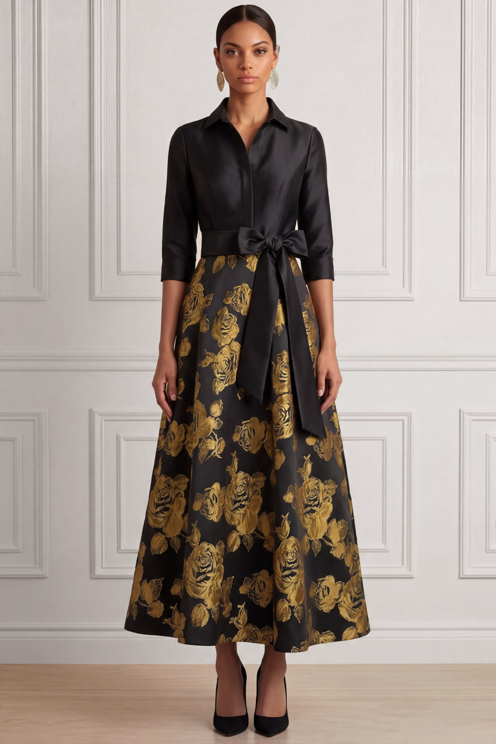 Golden Wedding Guest Dress Point Collar Floral Maxi Dress with Bow