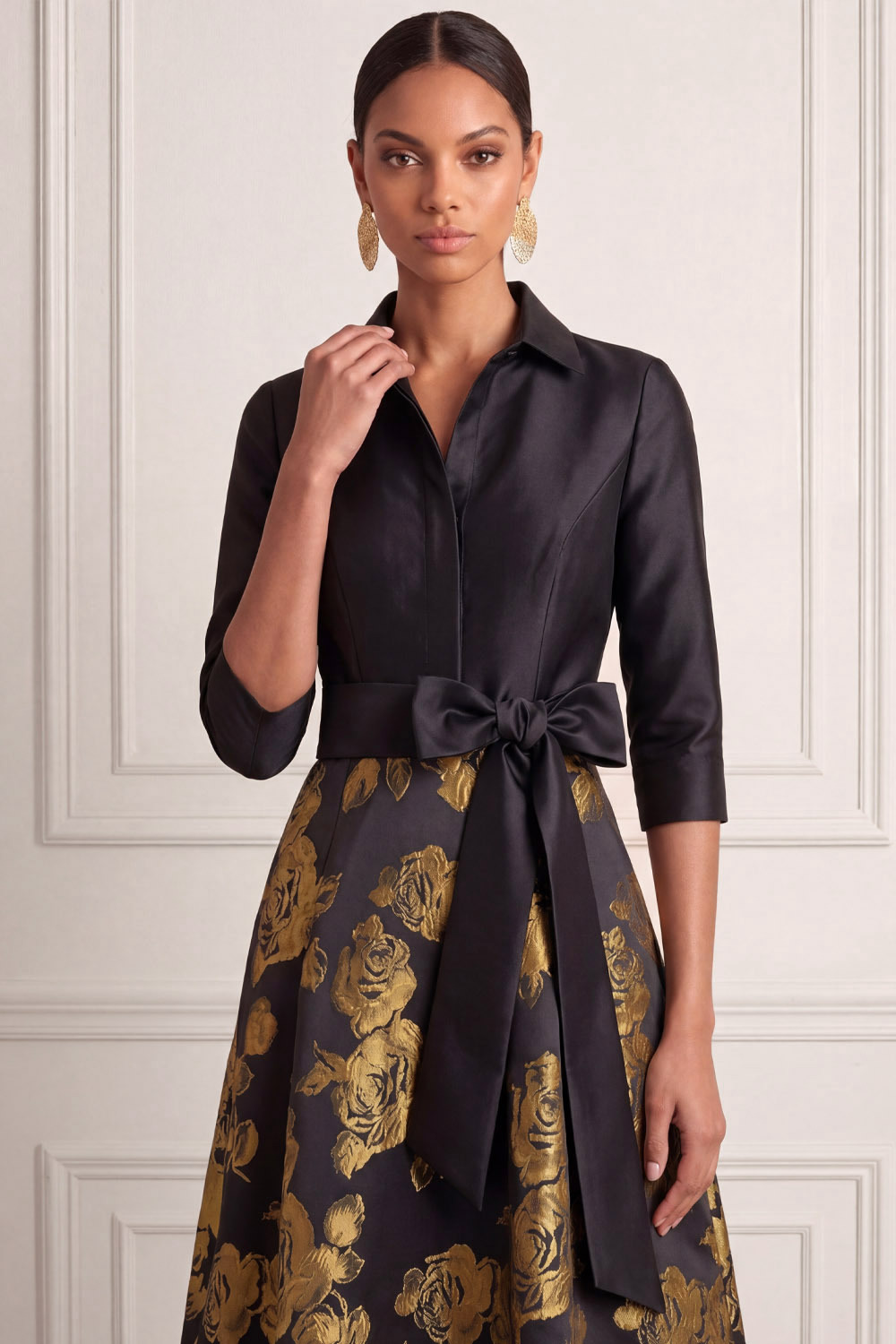 Golden Wedding Guest Dress Point Collar Floral Maxi Dress with Bow