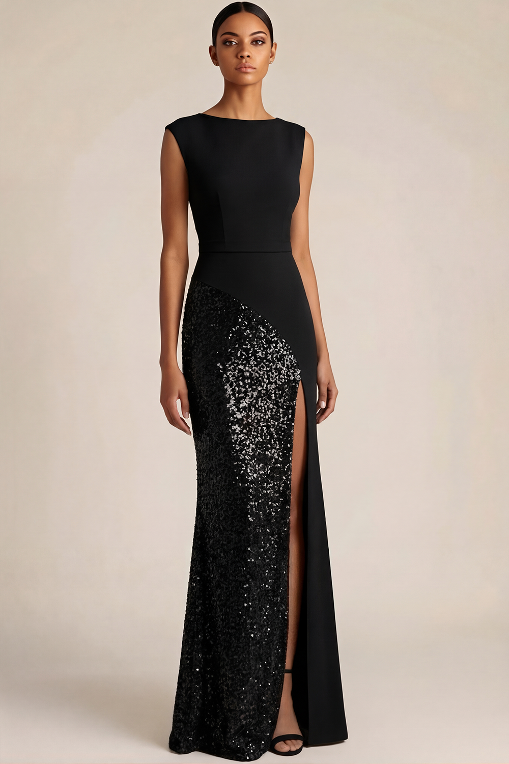 Ivory Formal Party Dress Sheath Crew Neck Sequin Maxi Dress with Slit