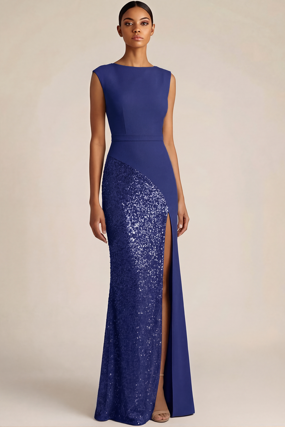 Ivory Formal Party Dress Sheath Crew Neck Sequin Maxi Dress with Slit