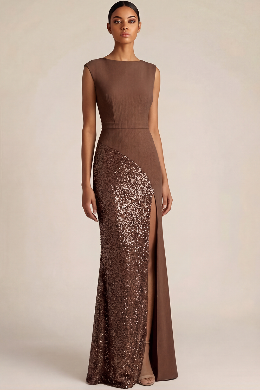 Ivory Formal Party Dress Sheath Crew Neck Sequin Maxi Dress with Slit