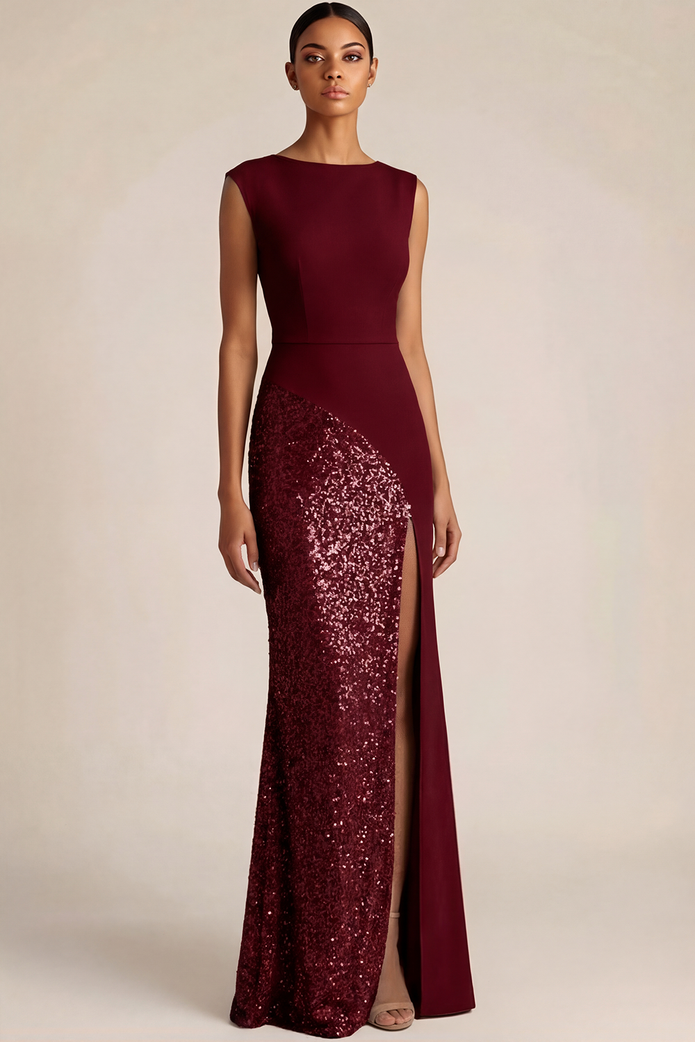 Ivory Formal Party Dress Sheath Crew Neck Sequin Maxi Dress with Slit