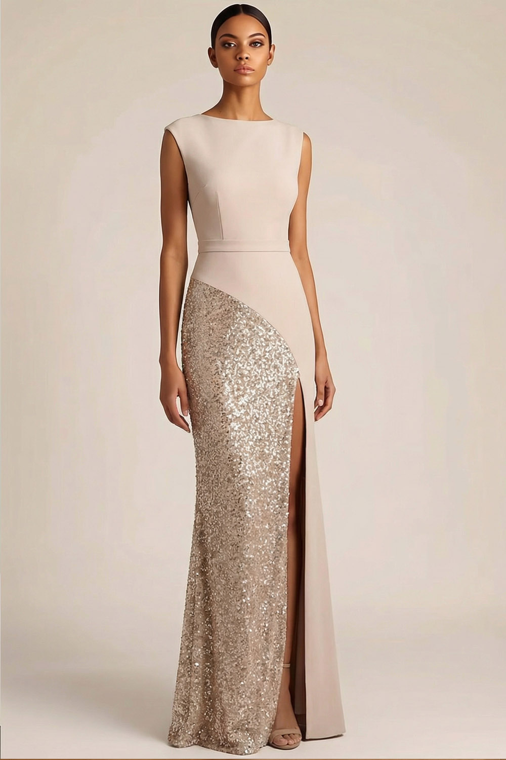 Ivory Formal Party Dress Sheath Crew Neck Sequin Maxi Dress with Slit