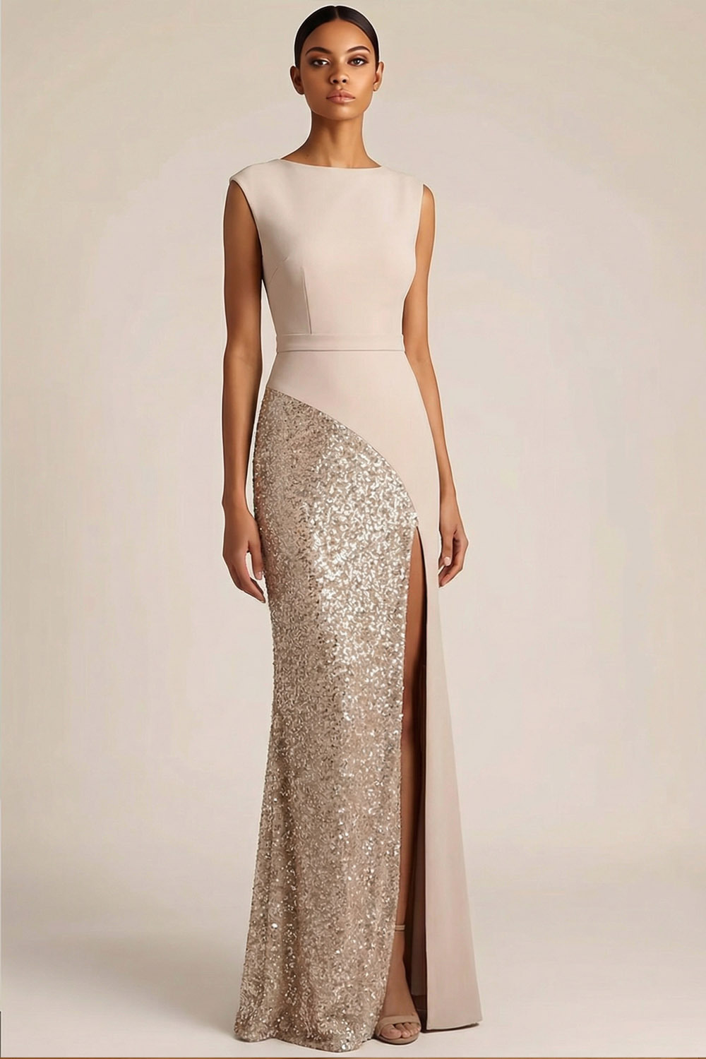 Ivory Formal Party Dress Sheath Crew Neck Sequin Maxi Dress with Slit