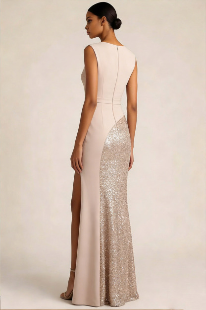Ivory Formal Party Dress Sheath Crew Neck Sequin Maxi Dress with Slit