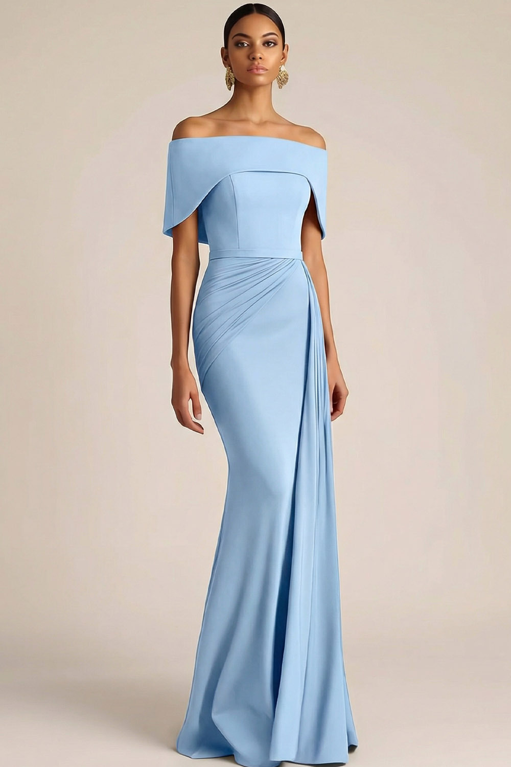 Blue Formal ​Wedding Bridesmaid Dress Off the Shoulder Cape Maxi Dress