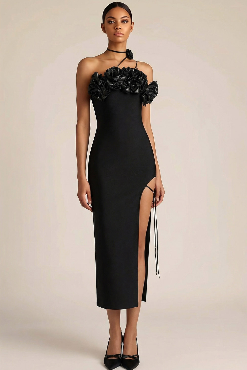 Black Formal Dress Sheath Strapless Slit Midi Dress with 3D Flower