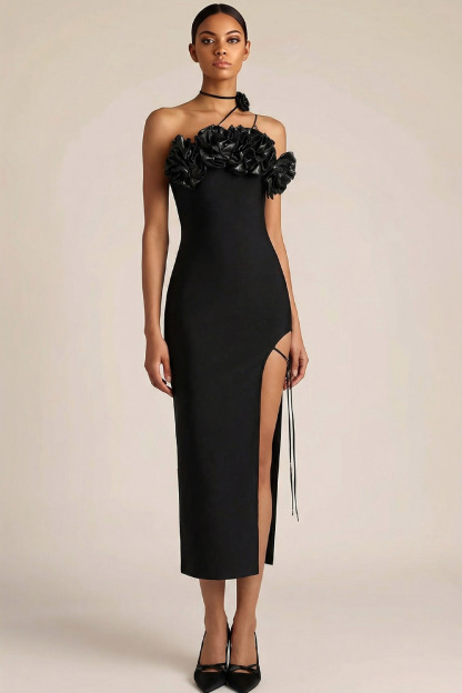 Black Formal Dress Sheath Strapless Slit Midi Dress with 3D Flower