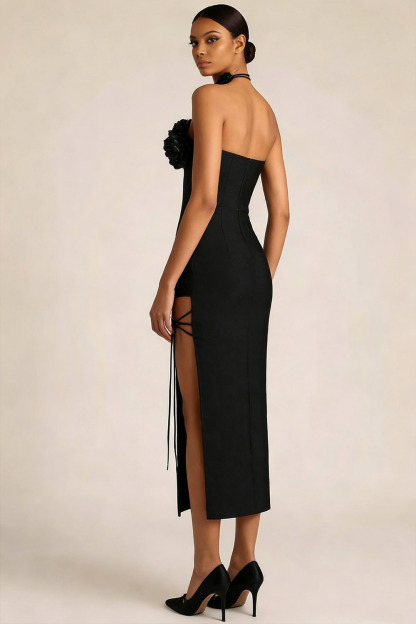 Black Formal Dress Sheath Strapless Slit Midi Dress with 3D Flower