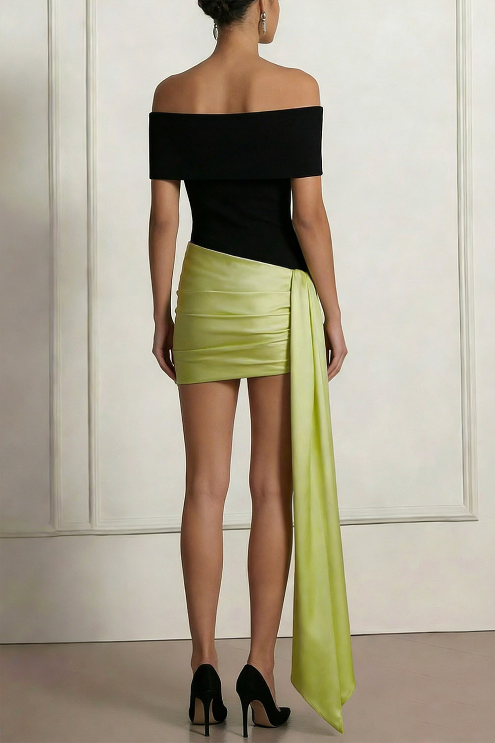 Mustard Green Formal Evening Dress Off the Shoulder Waist Cape Satin Mini Dress 