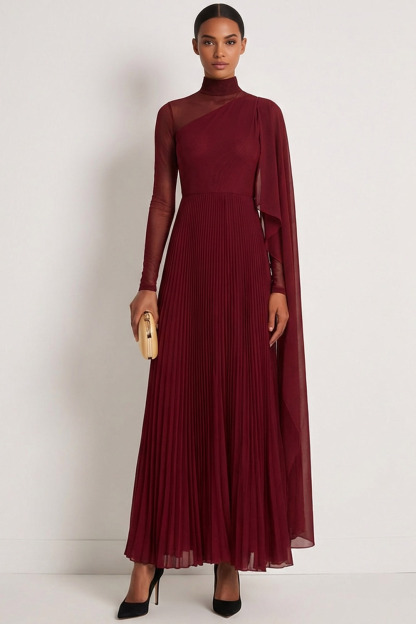 Burgundy Formal Dress A-Line High Neck Pleated Chiffon Maxi Dress with Cape