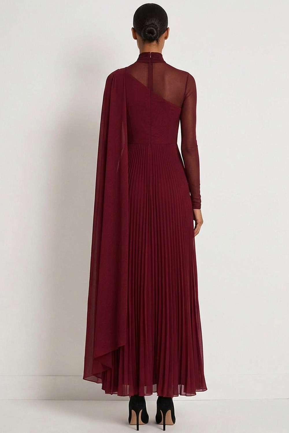 Burgundy Formal Dress A-Line High Neck Pleated Chiffon Maxi Dress with Cape