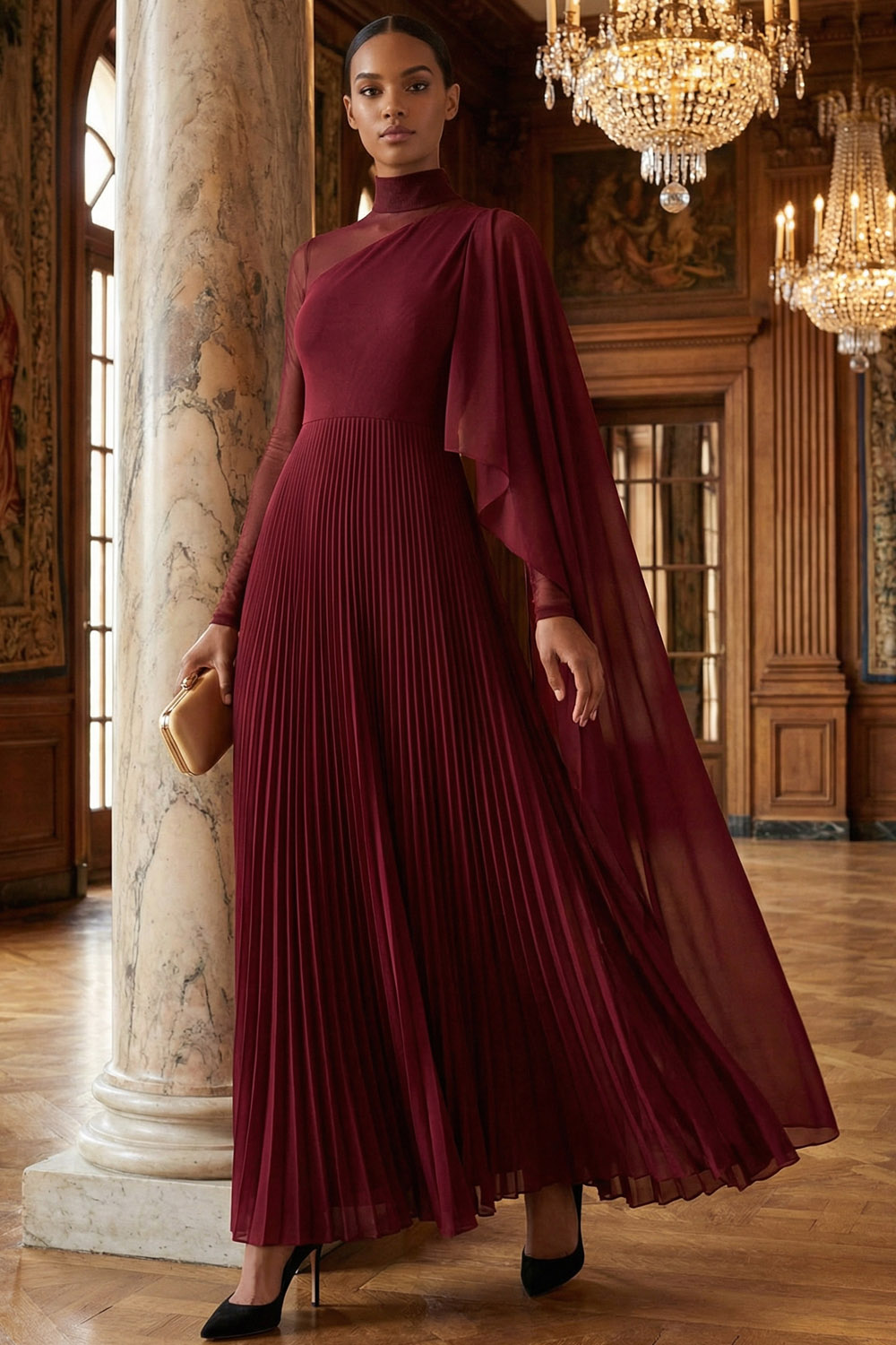 Burgundy Formal Dress A-Line High Neck Pleated Chiffon Maxi Dress with Cape