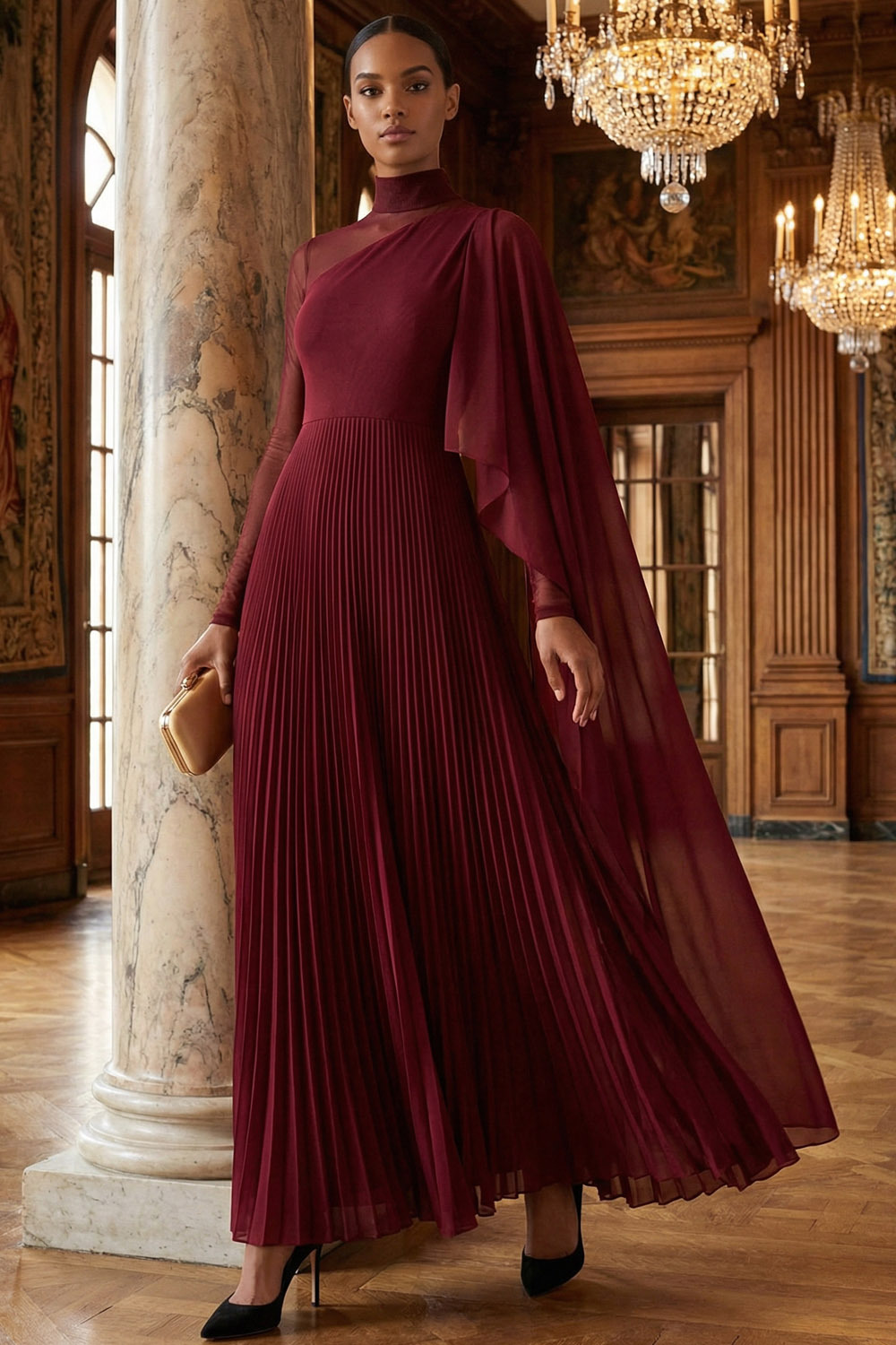 Burgundy Formal Dress A-Line High Neck Pleated Chiffon Maxi Dress with Cape