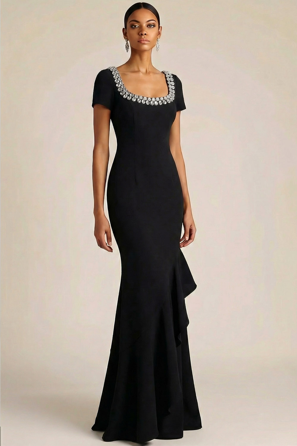 Black Formal Evening Dress Mermaid Square Neck Maxi Dress with Ruffle