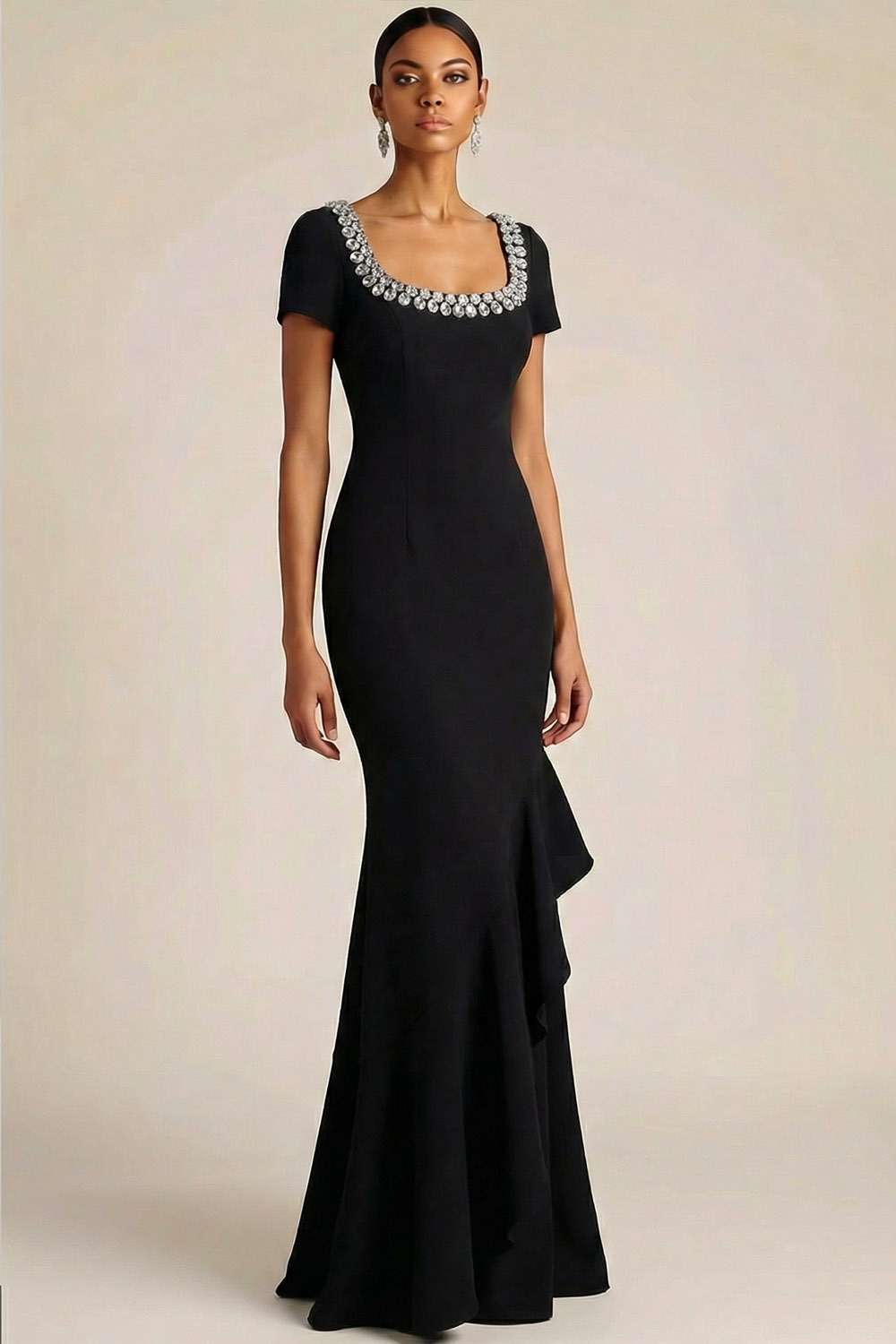 Black Formal Evening Dress Mermaid Square Neck Maxi Dress with Ruffle