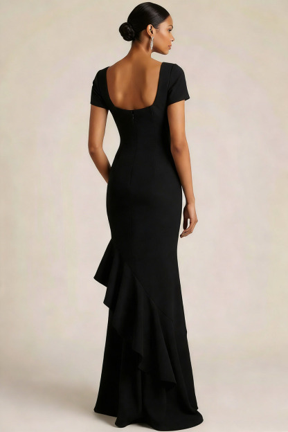 Black Formal Evening Dress Mermaid Square Neck Maxi Dress with Ruffle