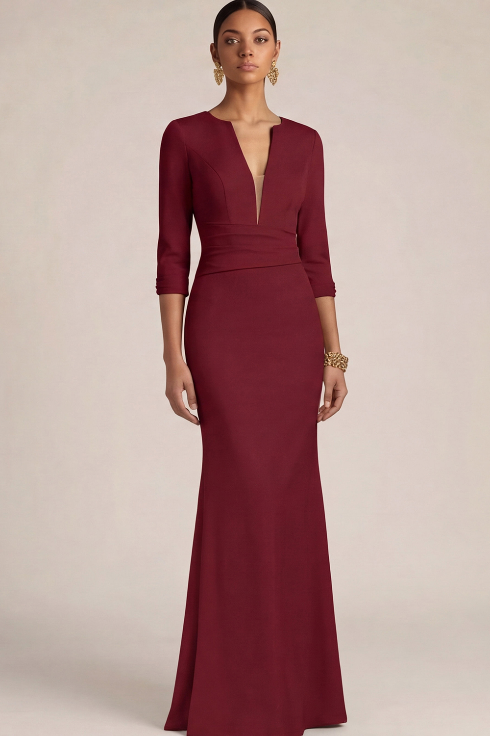 Mustard Green Wedding Guest Dress Mermaid V-Neck Maxi Dress