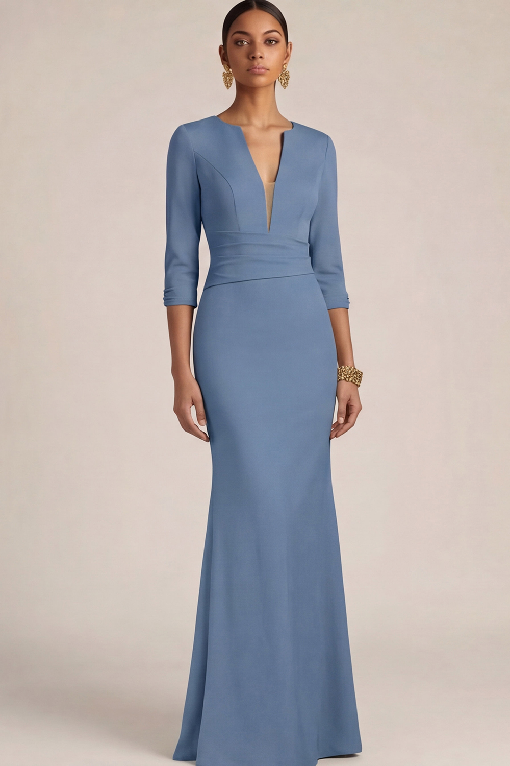 Mustard Green Wedding Guest Dress Mermaid V-Neck Maxi Dress