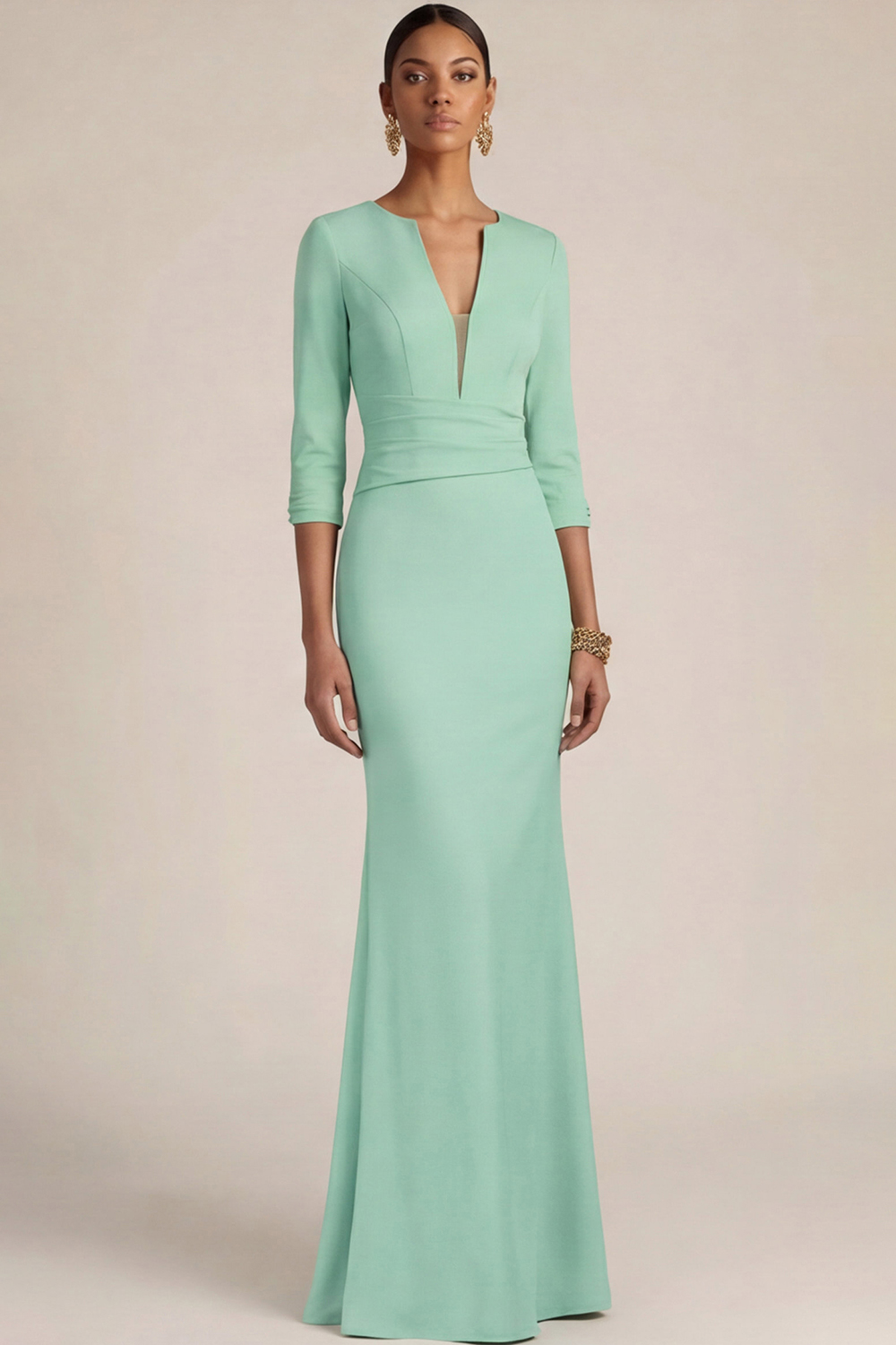 Mustard Green Wedding Guest Dress Mermaid V-Neck Maxi Dress