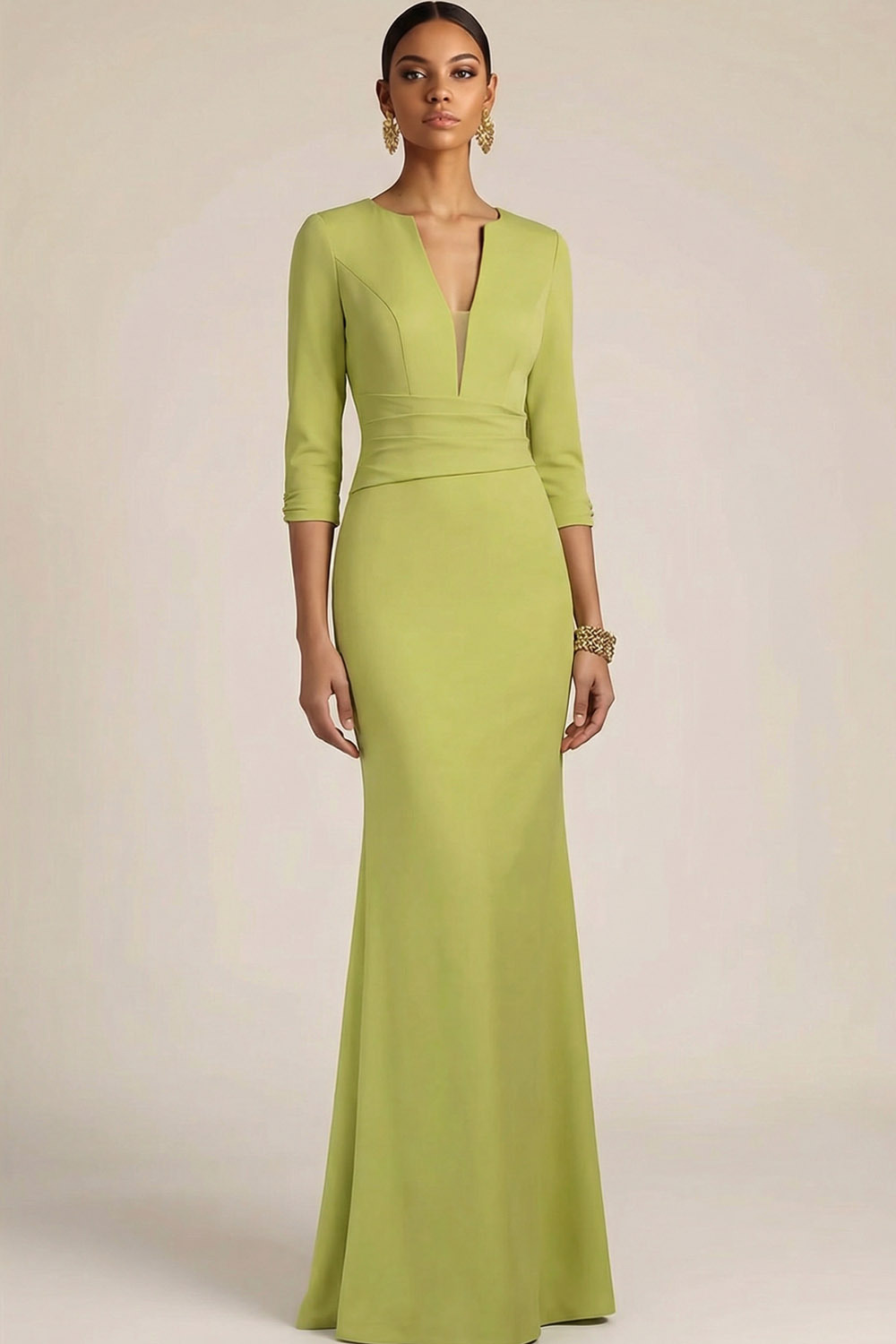 Mustard Green Wedding Guest Dress Mermaid V-Neck Maxi Dress