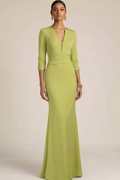 Mustard Green Wedding Guest Dress Mermaid V-Neck Maxi Dress