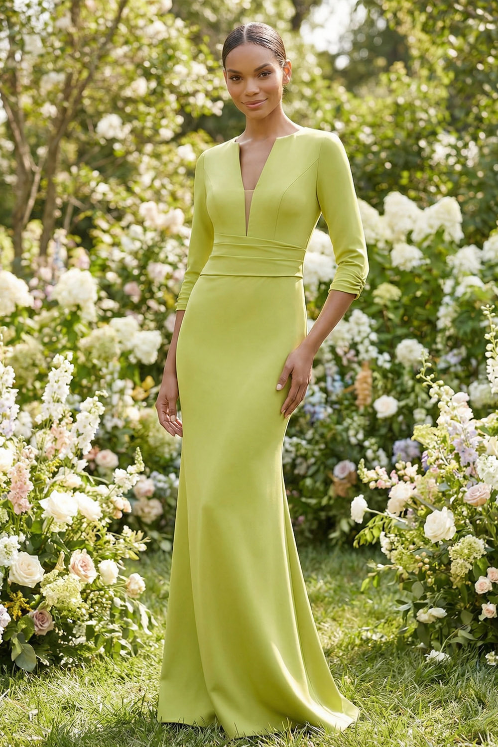 Mustard Green Wedding Guest Dress Mermaid V-Neck Maxi Dress