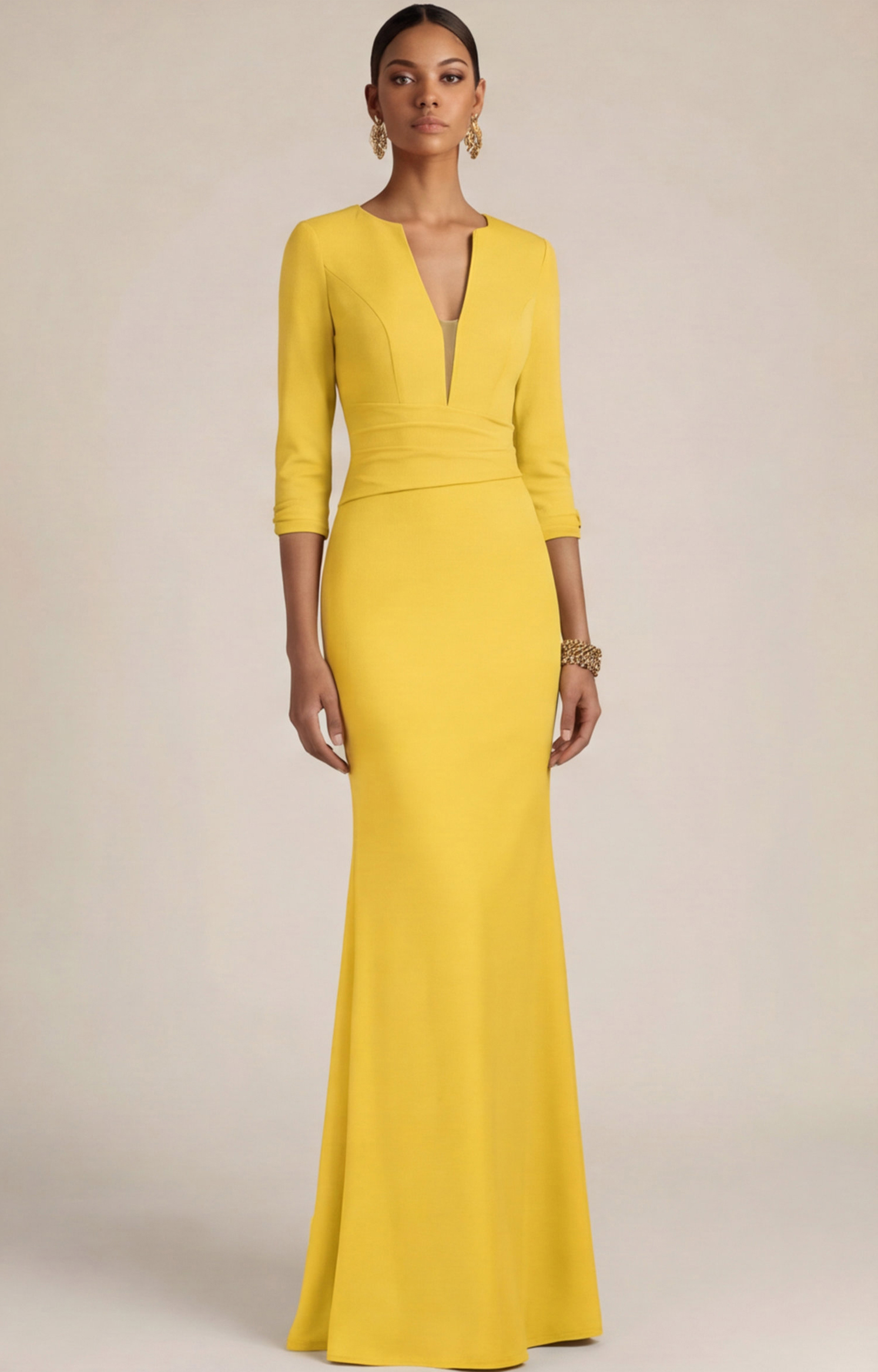 Mustard Green Wedding Guest Dress Mermaid V-Neck Maxi Dress