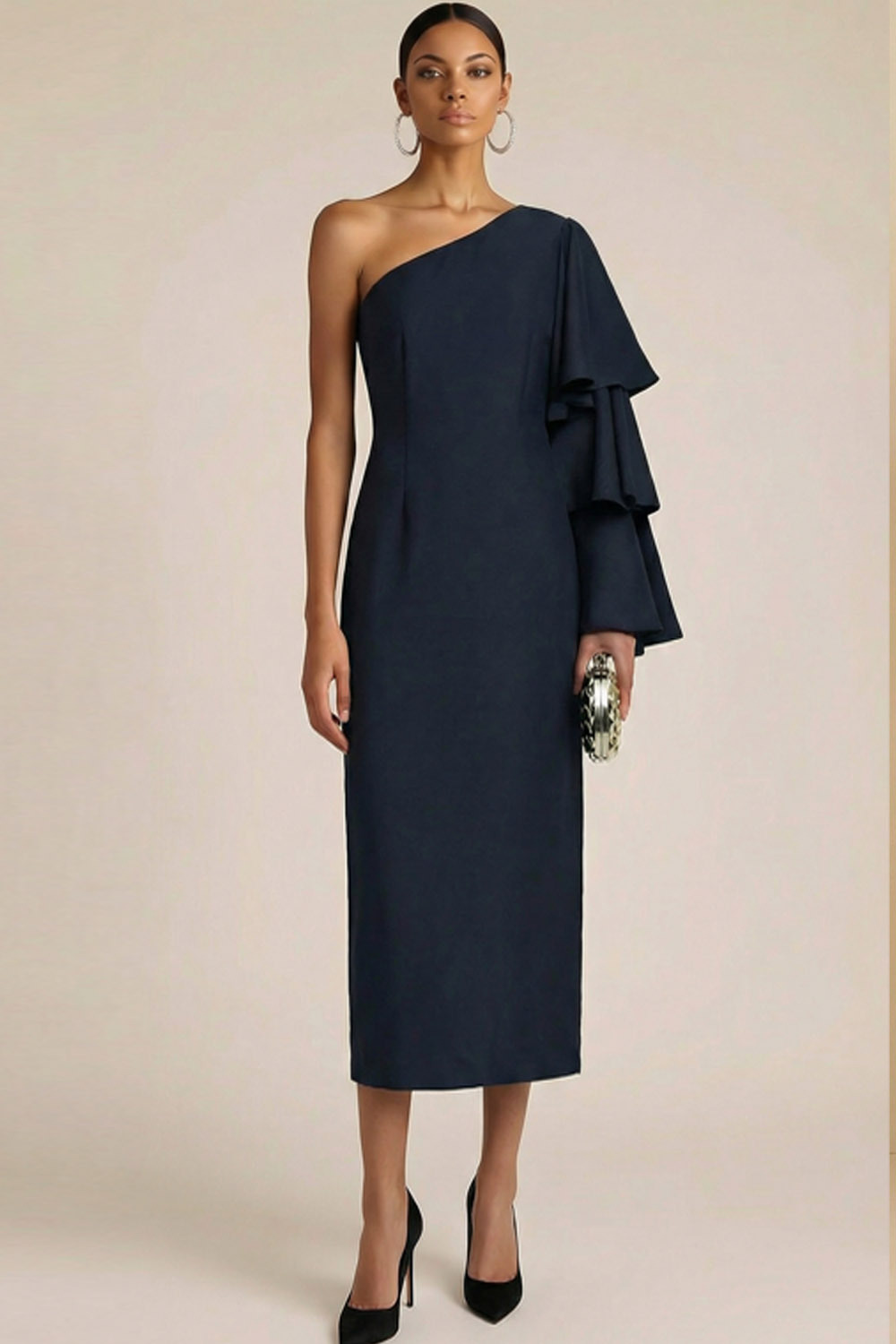 Navy Formal Evening Dress One Shoulder Ruffle Sleeve Chiffon Midi Dress