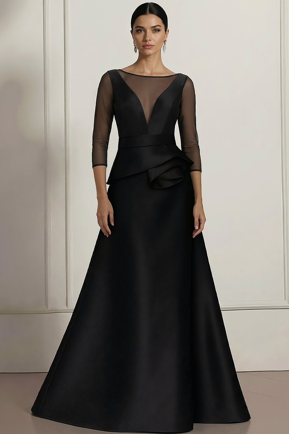 Black Formal Evening Dress A-Line Illusion Neck Ruffle Satin Maxi Dress