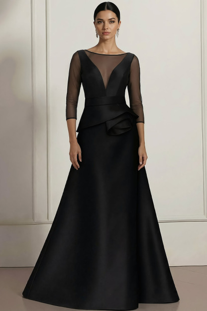 Black Formal Evening Dress A-Line Illusion Neck Ruffle Satin Maxi Dress 