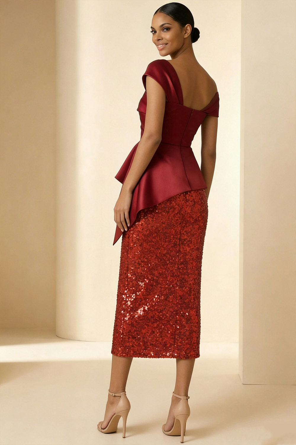 Red Formal Party Dress Sheath One Shoulder Sequin Midi Dress 