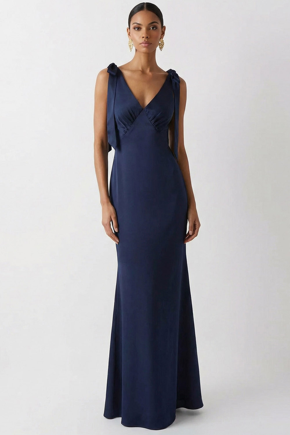 Navy Formal Dress Mermaid V-Neck Chiffon Maxi Dress with Bowknot