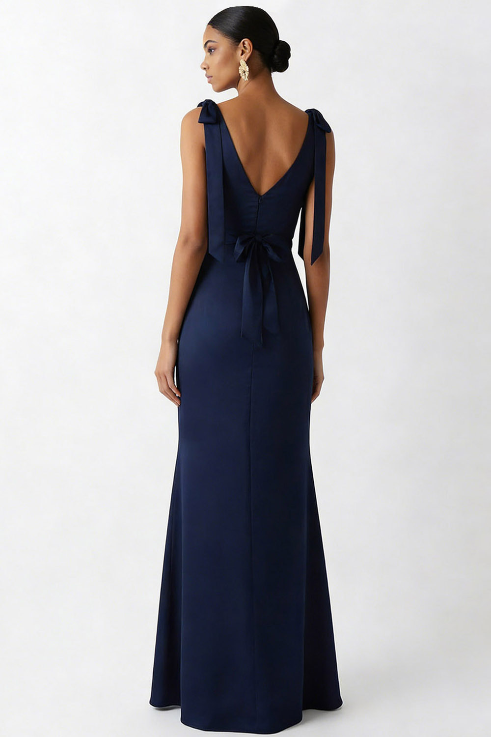Navy Formal Dress Mermaid V-Neck Chiffon Maxi Dress with Bowknot