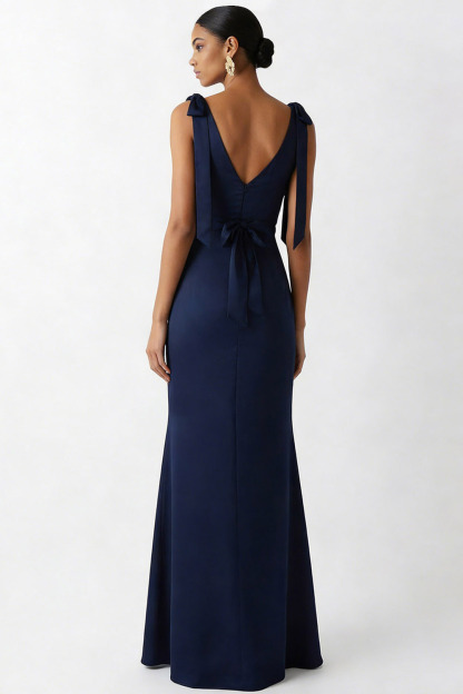 Navy Formal Dress Mermaid V-Neck Chiffon Maxi Dress with Bowknot