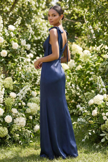 Navy Formal Dress Mermaid V-Neck Chiffon Maxi Dress with Bowknot