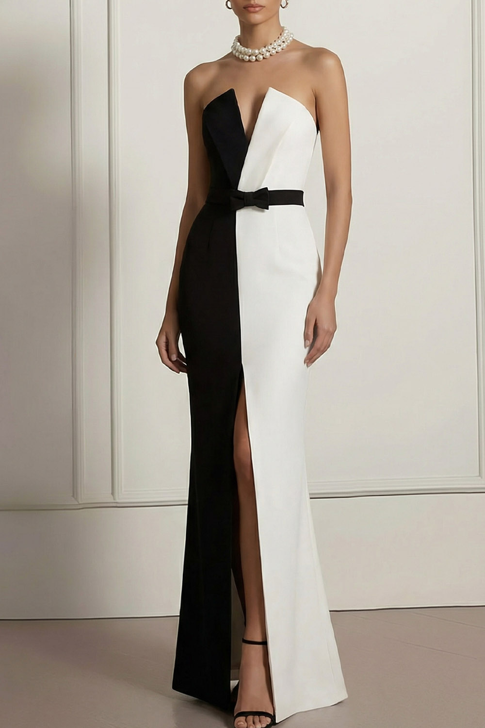 Black Formal Evening Dress Mermaid Strapless Splicing Maxi Dress with Slit