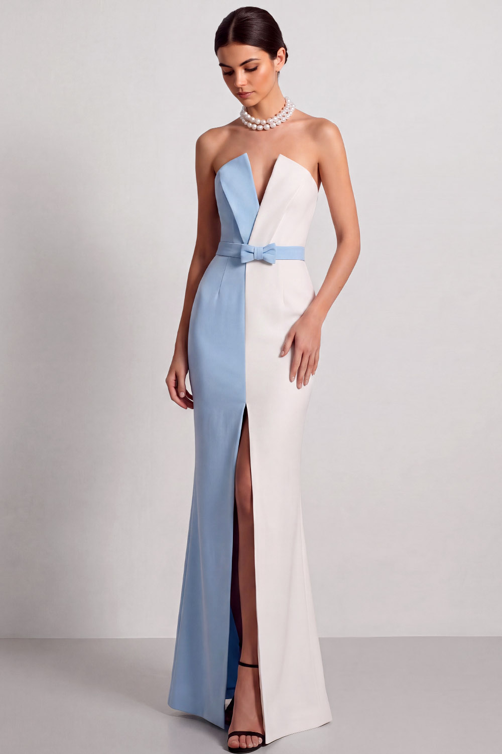 The Domino | Black Formal Evening Dress Mermaid Strapless Splicing Maxi Dress with Slit | Chiclody