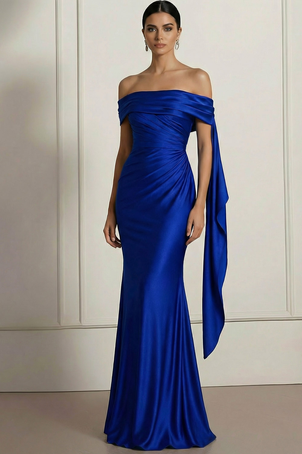 Royal Blue Formal Evening Dress Mermaid Off the Shoulder Cape Satin Maxi Dress 
